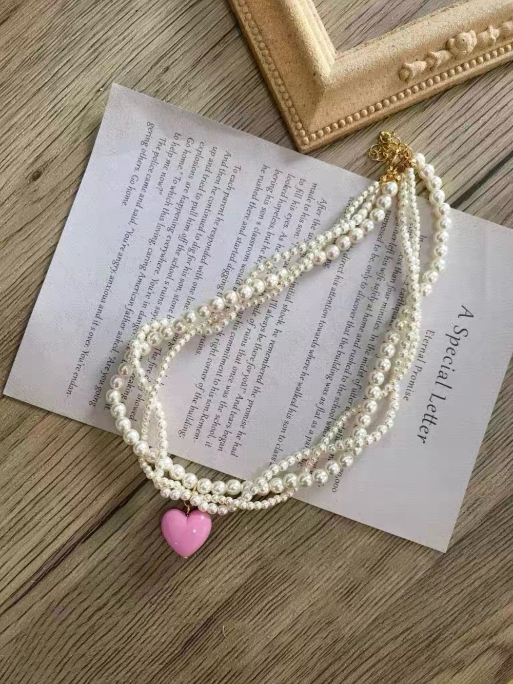 Pearl Multi-Strand Necklace with Pink Heart Pendant